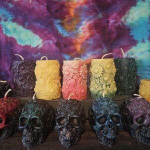 BEESWAX FANCY SKULL CANDLES & CHUNKY SUNFLOWER PILARS